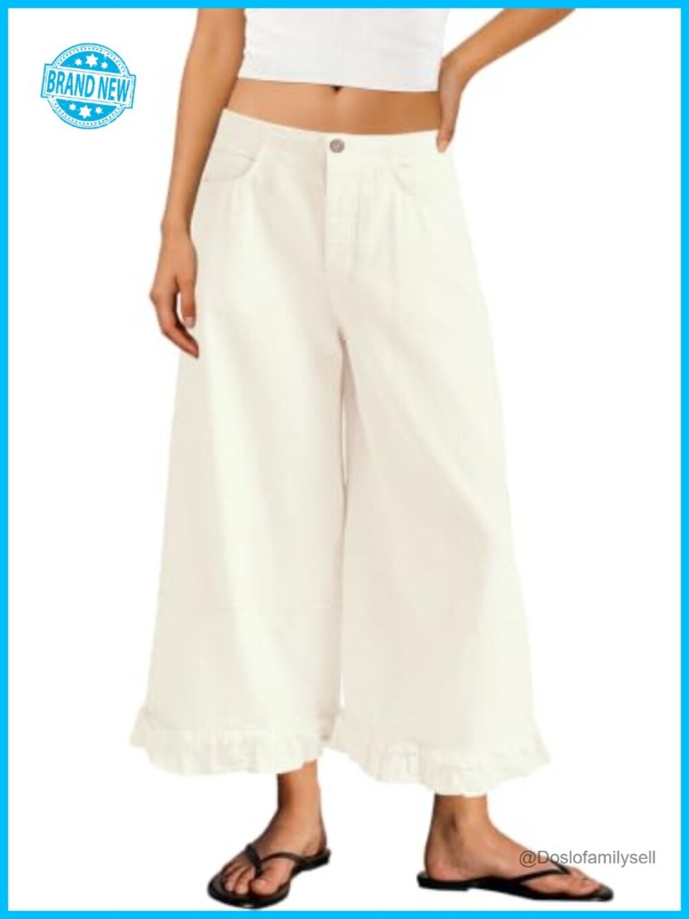 Wide Leg Cropped Jeans Ruffle Raw Edge Hem Denim Capris Women